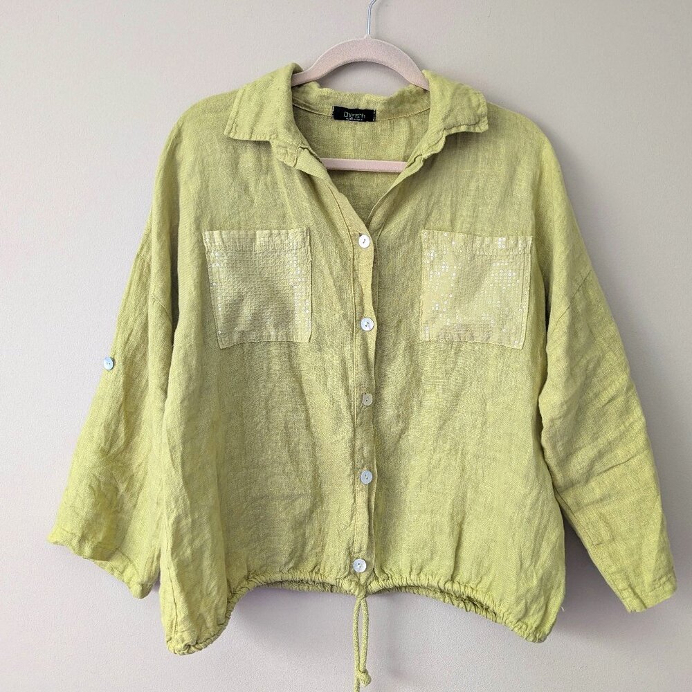 CHERISH  Women's Linen Blouse Button Down Roll Tab Sleeve Made Italy Sz X  / XL